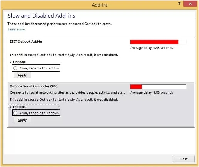 Slow and Disabled Add-ins