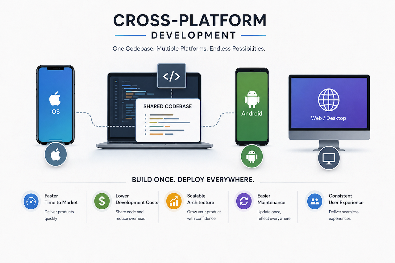 Cross-platform app development infographic showing shared codebase across iOS, Android, and desktop platforms
