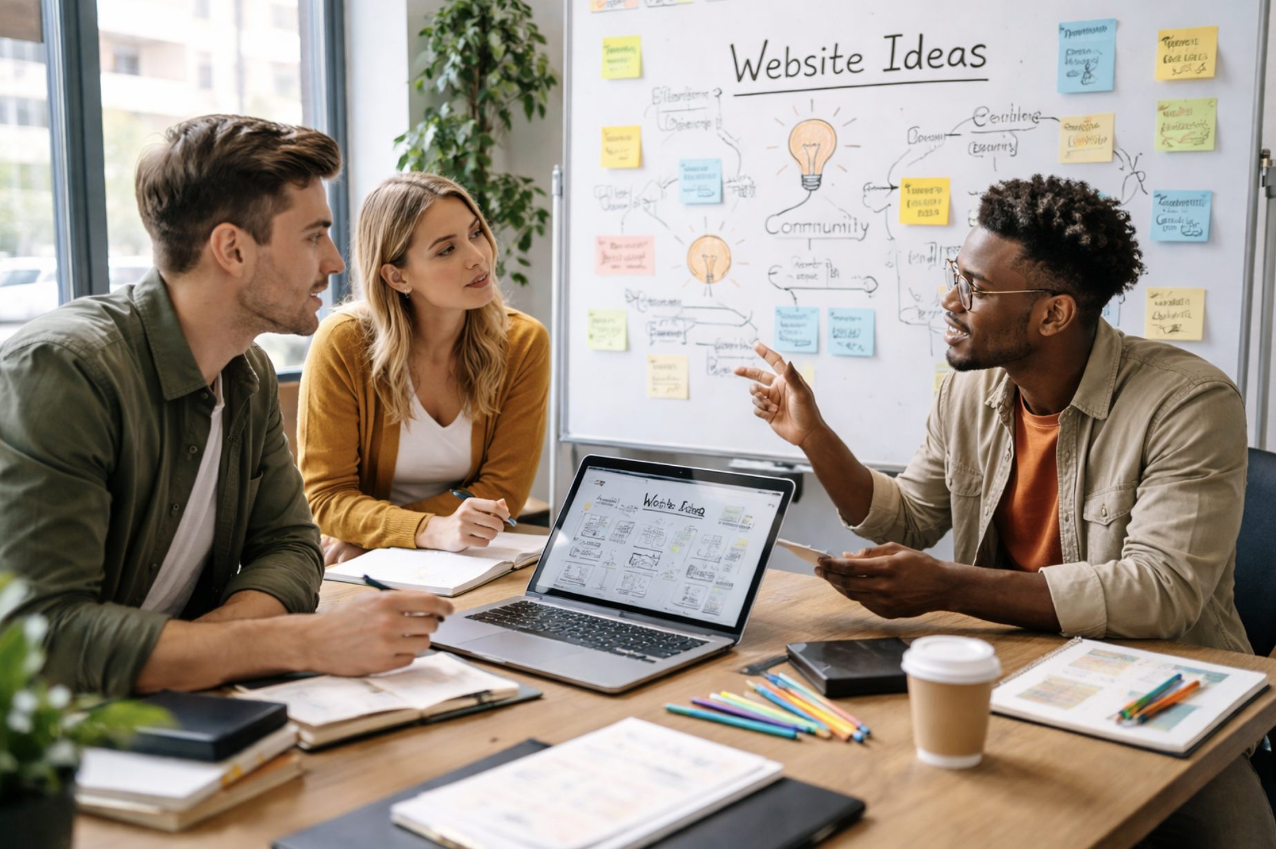 Three people discussing website ideas