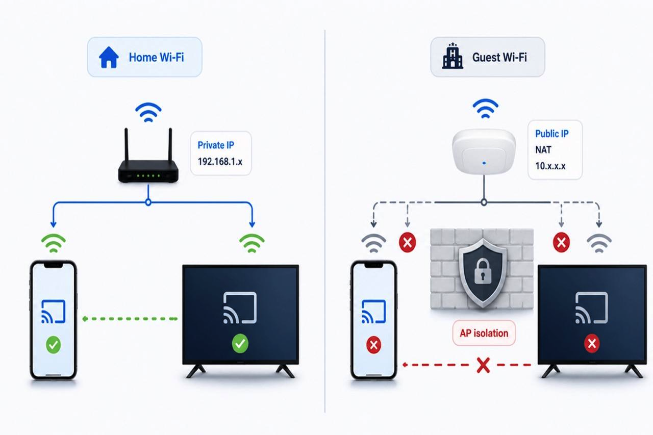 Phone casting works on home Wi-Fi but fails on guest Wi-Fi due to network isolation